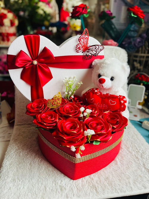 Red heart box with silk roses, white teddy bear and butterfly decoration