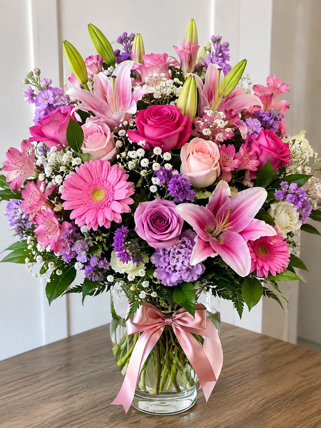 Bouquet de lirios rosados, rosas en fucsia y lavanda, gerberas y statice violeta en florero con listón rosado