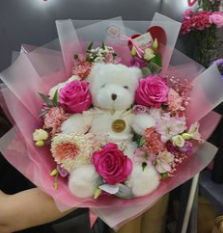 Sweet Bear & Roses Bouquet with pink roses and white teddy bear