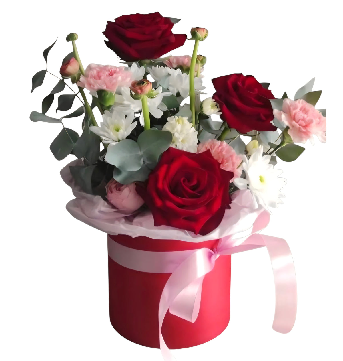 Arreglo de rosas rojas, ranúnculos y margaritas blancas en una caja redonda roja con lazo rosa