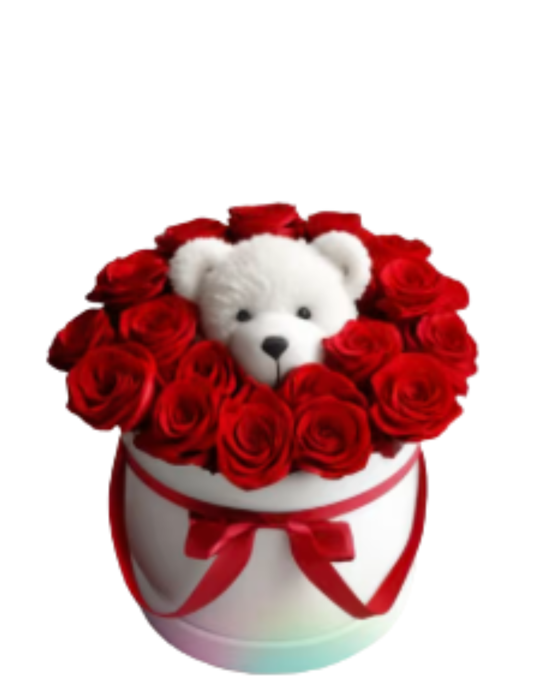 Caja cilíndrica blanca con rosas rojas y osito de peluche blanco con listón rojo