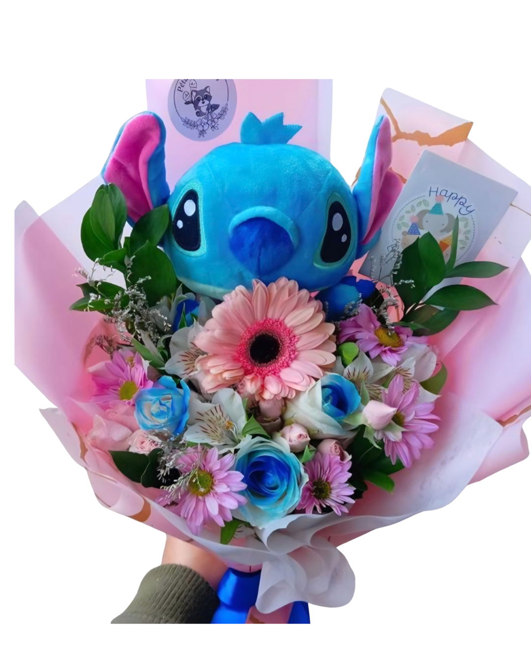 Stitch plush toy with pink gerberas, blue roses and purple daisies bouquet